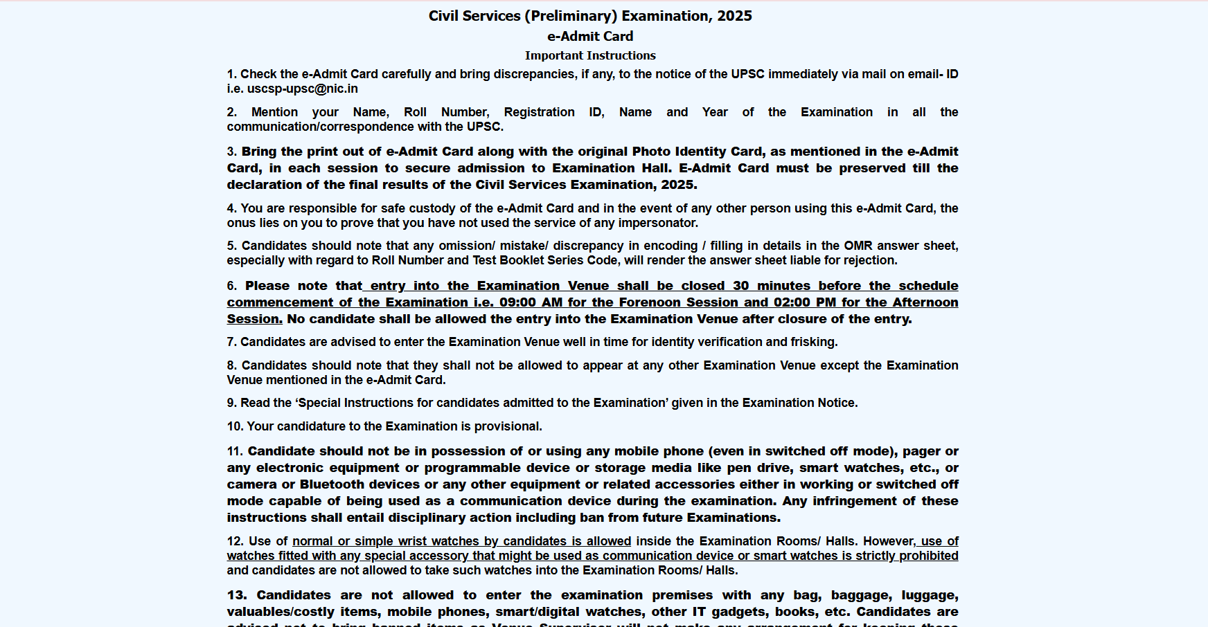 UPSC admit card instruction 